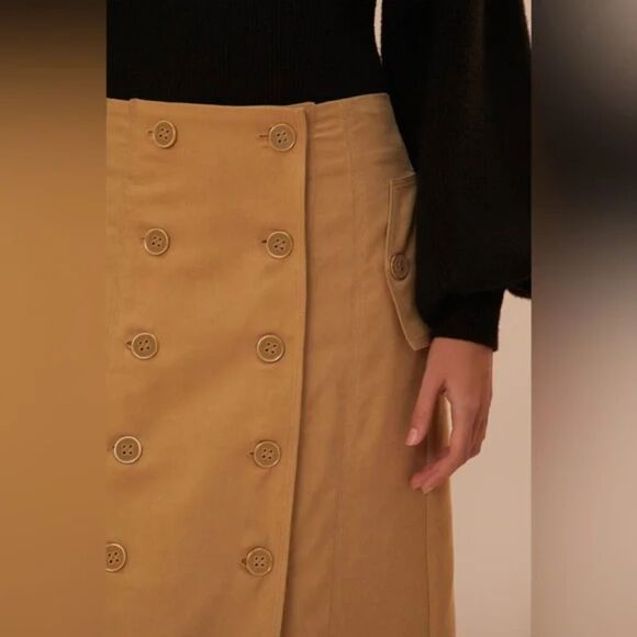 Farm Rio Tan Button Front Midi Skirt | Military Style Utility Skirt with Pockets - Picture 3 of 9